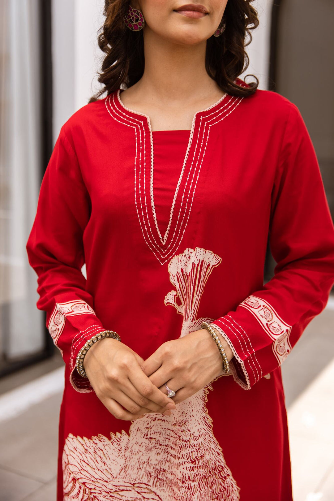 Nehamta Women's Red German Rayon Kurta & Palazzo Set