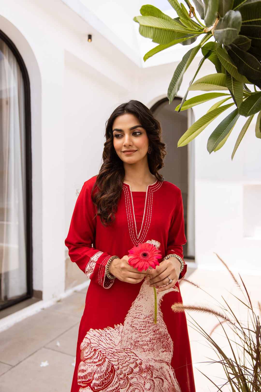 Nehamta Women's Red German Rayon Kurta & Palazzo Set