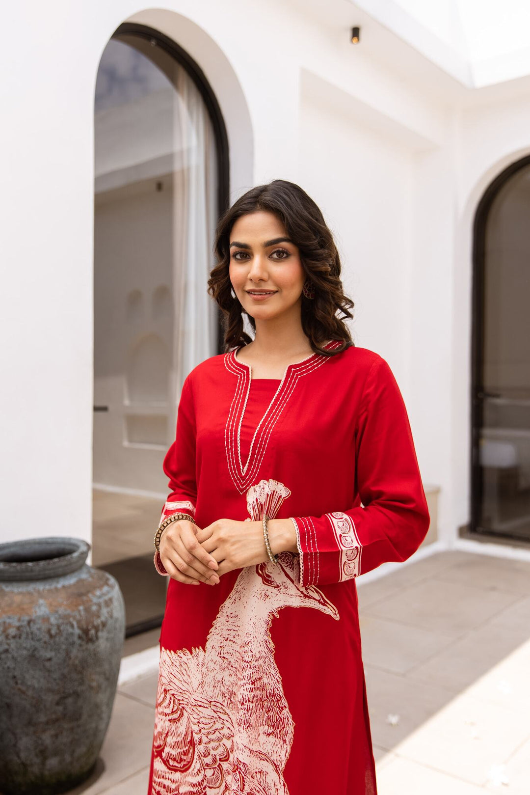 Nehamta Women's Red German Rayon Kurta & Palazzo Set