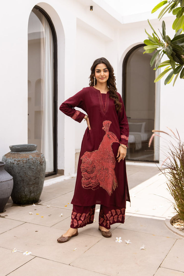 Nehamta Women's Maroon German Rayon Kurta & Palazzo Set