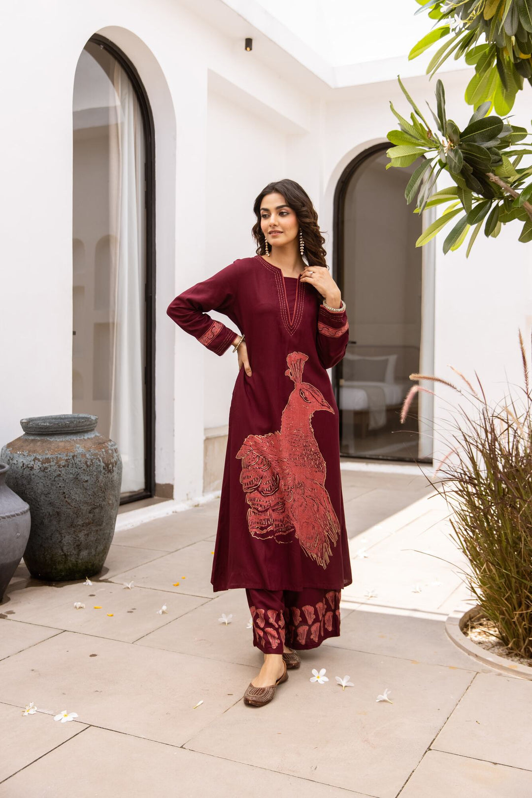 Nehamta Women's Maroon German Rayon Kurta & Palazzo Set