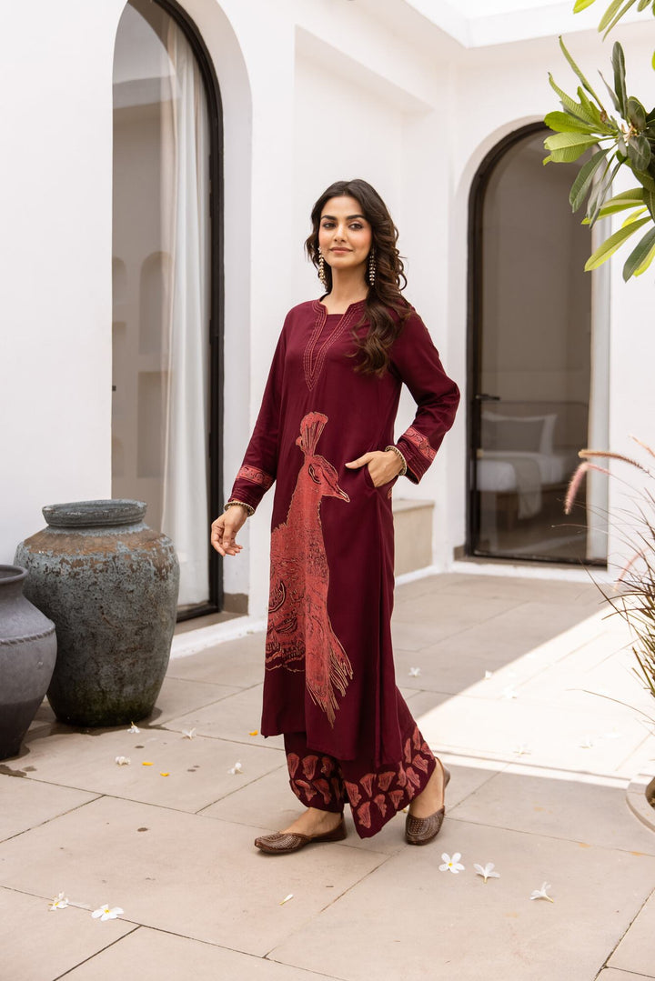 Nehamta Women's Maroon German Rayon Kurta & Palazzo Set
