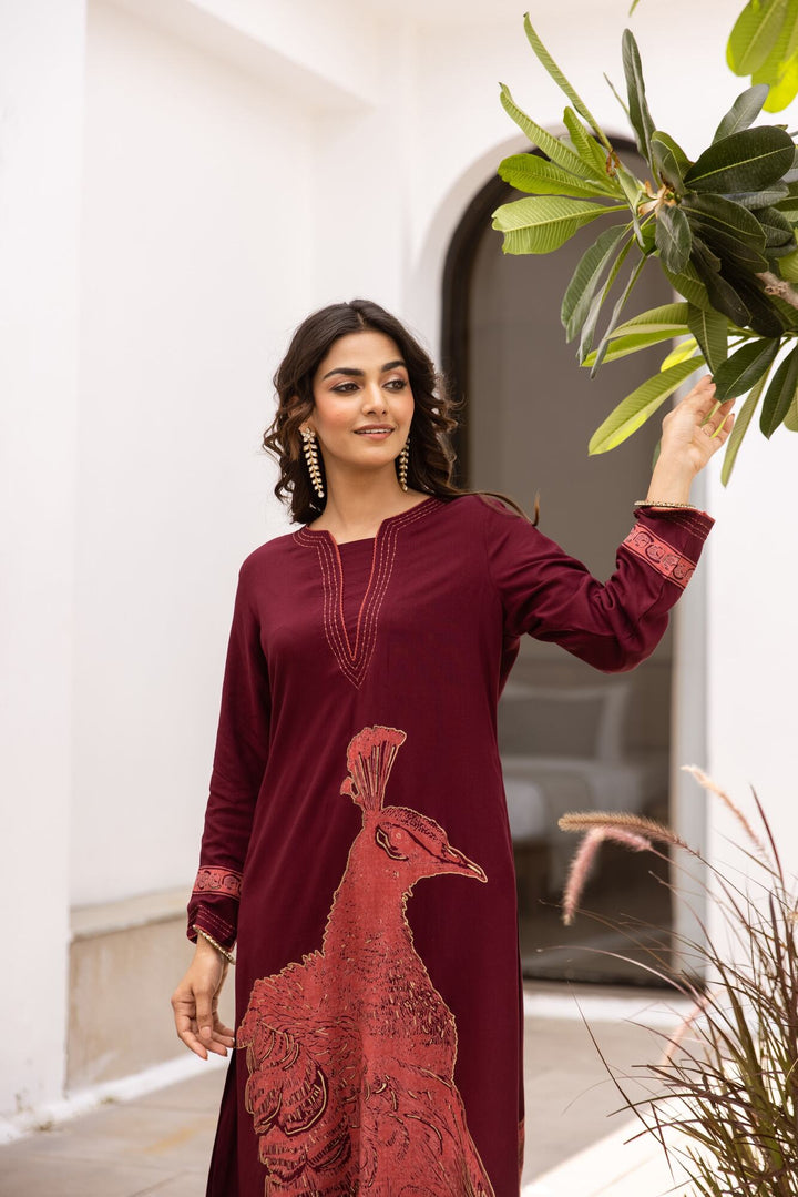 Nehamta Women's Maroon German Rayon Kurta & Palazzo Set