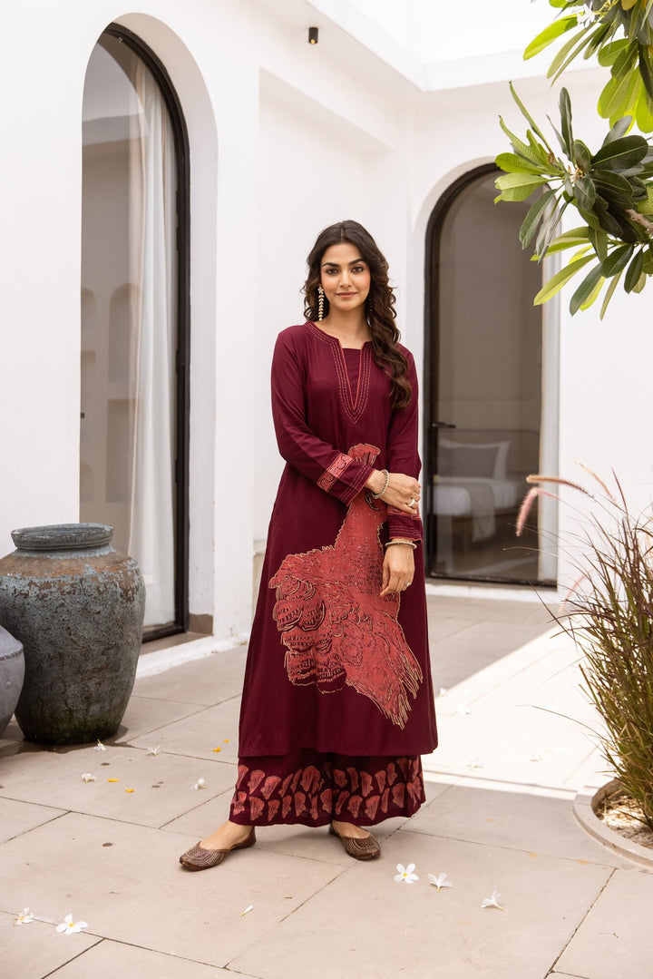 Nehamta Women's Maroon German Rayon Kurta & Palazzo Set