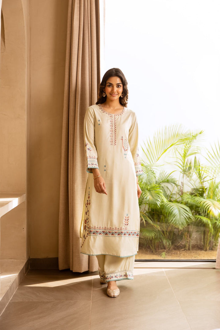 Nehamta Women's Cream German Rayon Kurta & Palazzo Set