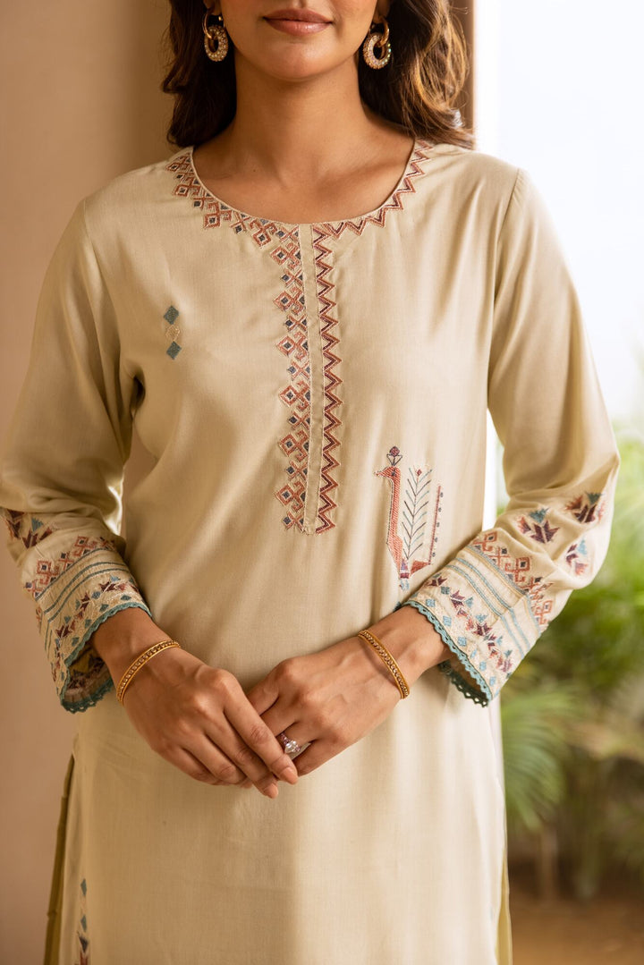 Nehamta Women's Cream German Rayon Kurta & Palazzo Set