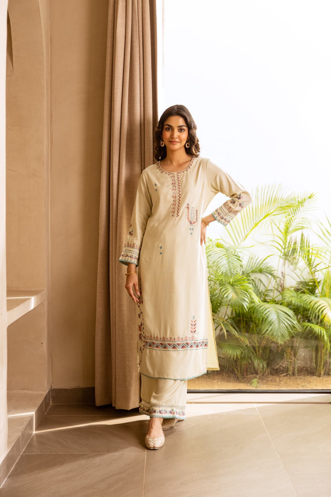 Nehamta Women's Cream German Rayon Kurta & Palazzo Set