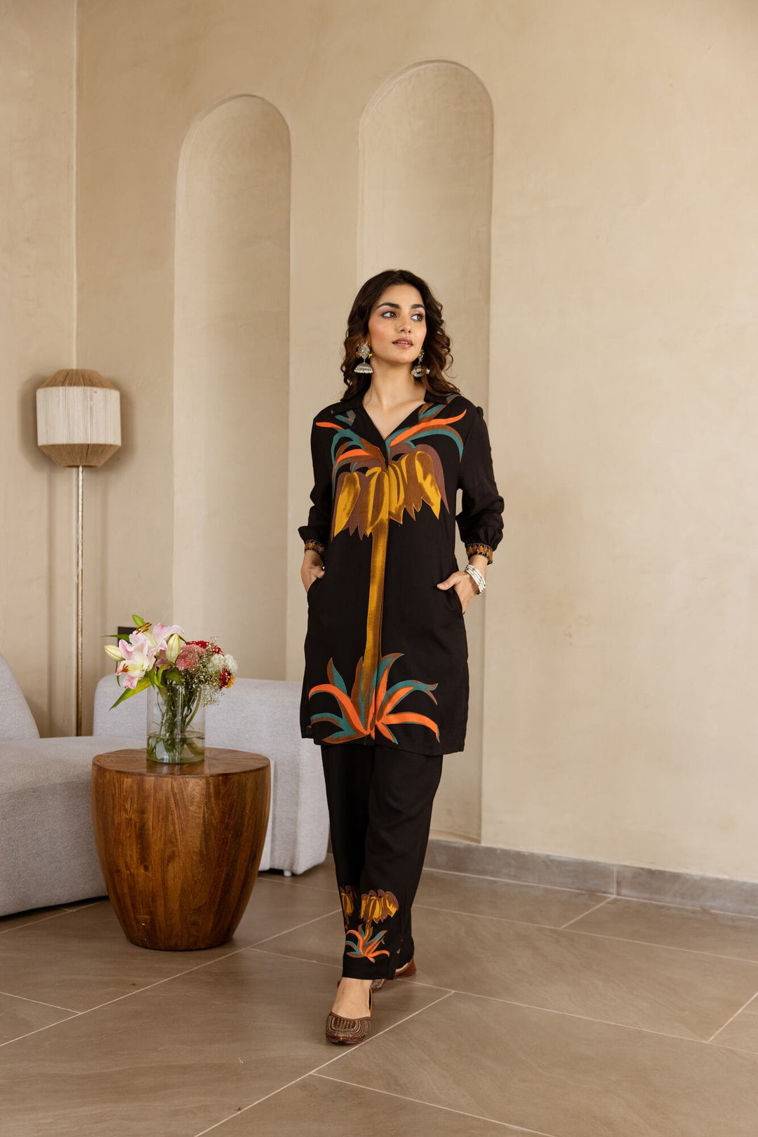 Nehamta Women's Black German Rayon Tunic & 1 Pant Co-Ords Set