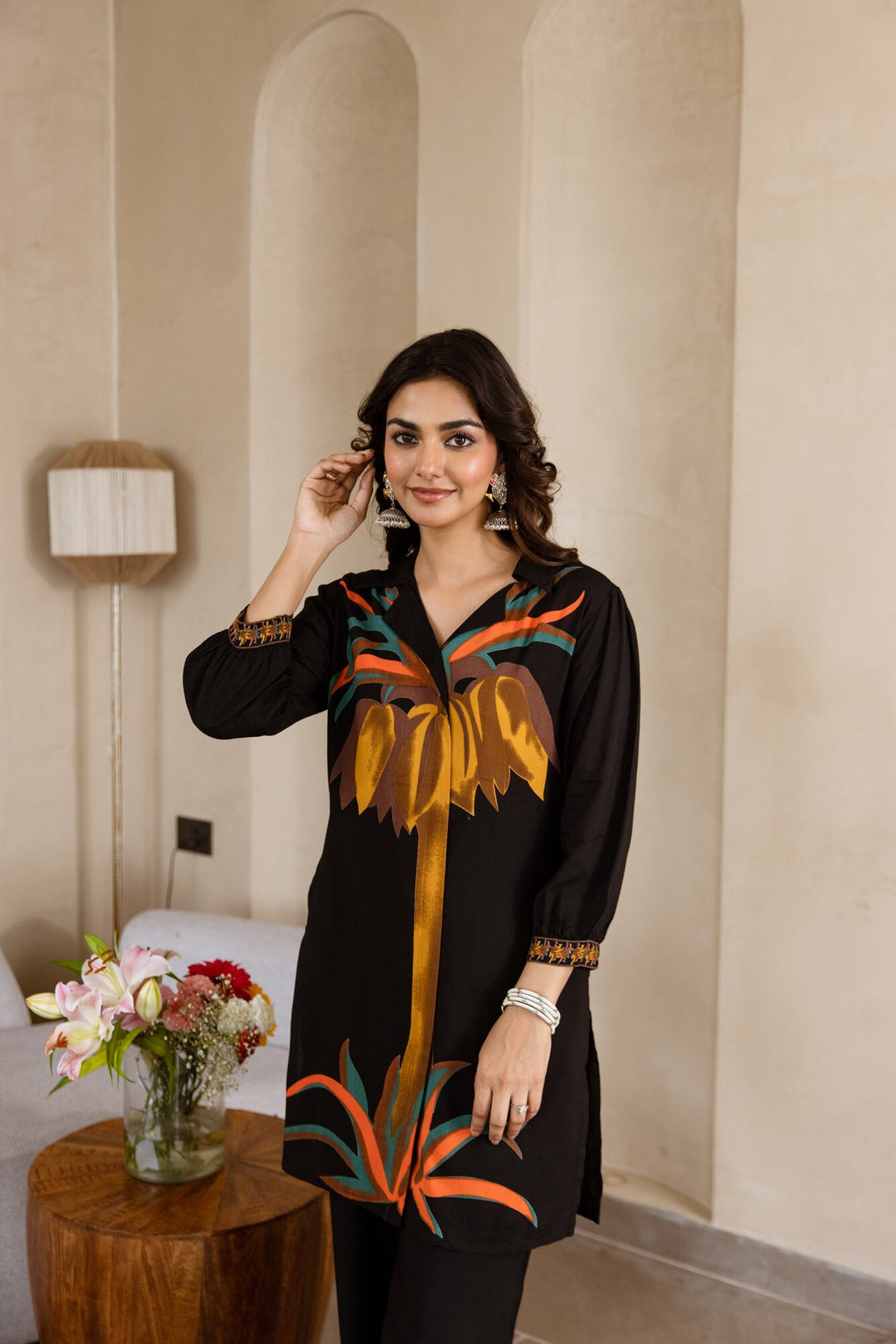 Nehamta Women's Black German Rayon Tunic & 1 Pant Co-Ords Set