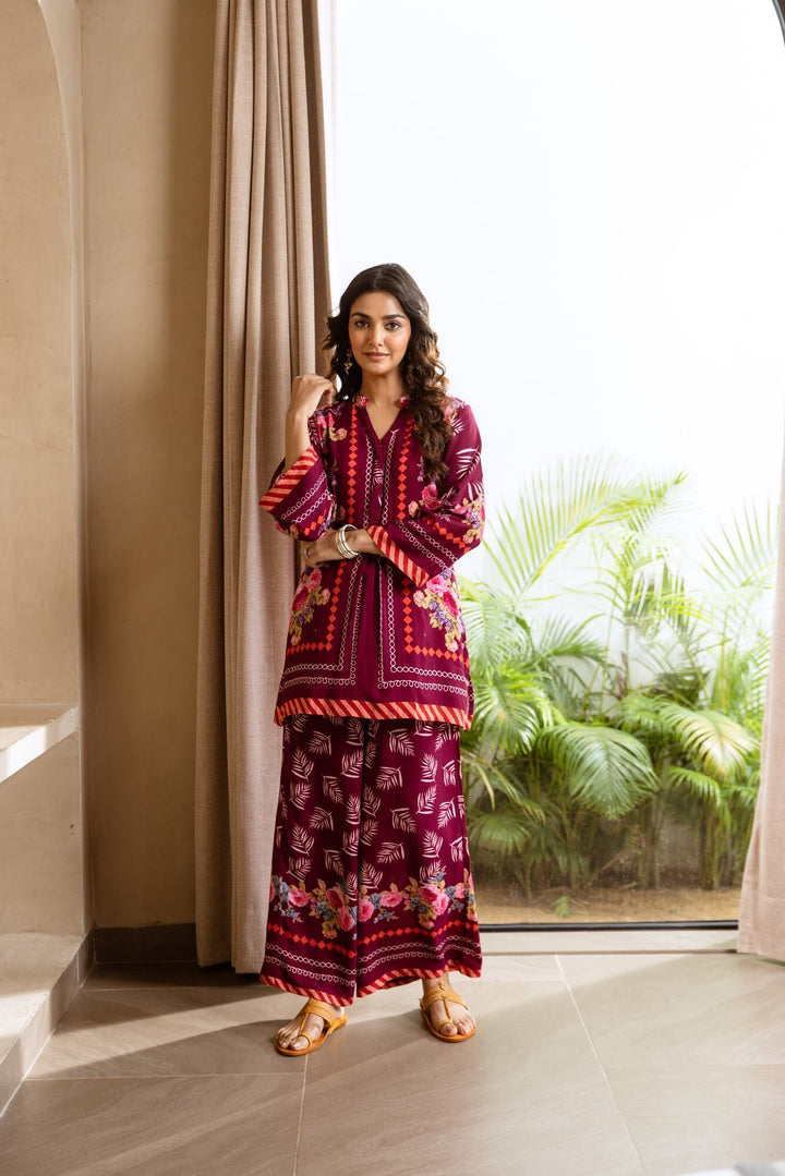 Nehamta Women's Wine Rayon Tunic & 1 Palazzo Co-Ords Set