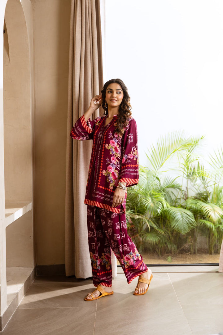 Nehamta Women's Wine Rayon Tunic & 1 Palazzo Co-Ords Set