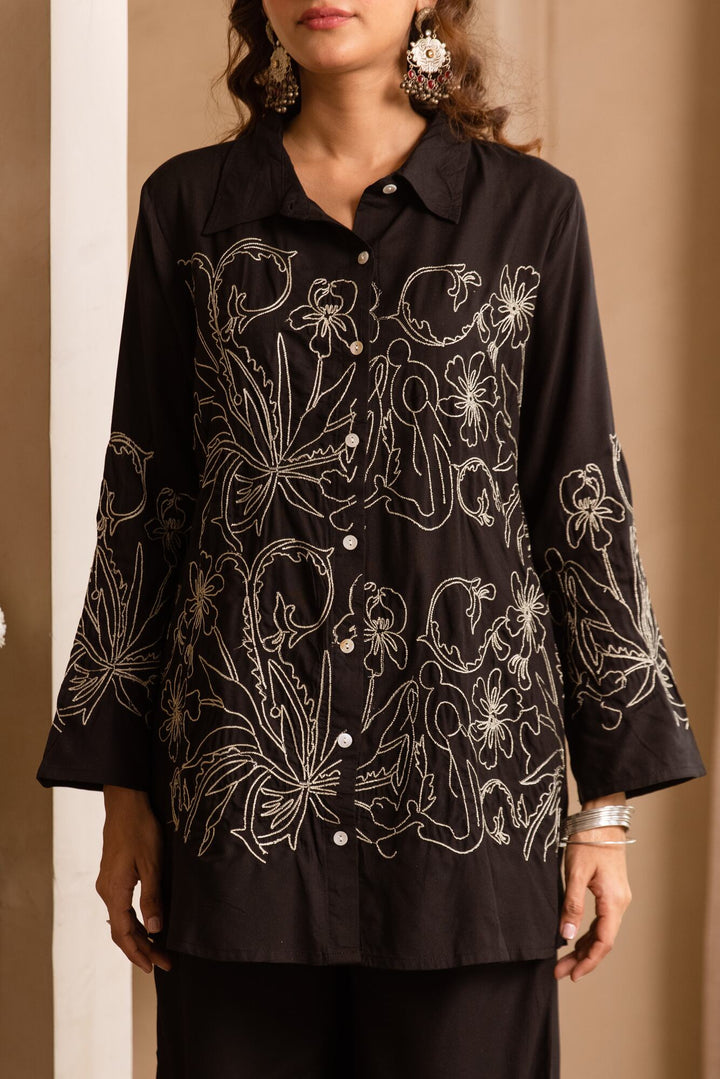 Nehamta Women's Black German Rayon Shirt & 1 Pant Co-Ords Set
