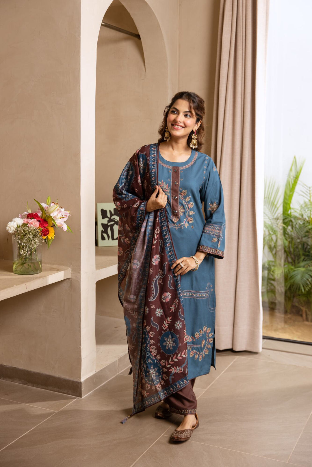 Nehamta Women's Grey German Rayon Kurta, Palazzo & Dupatta Set