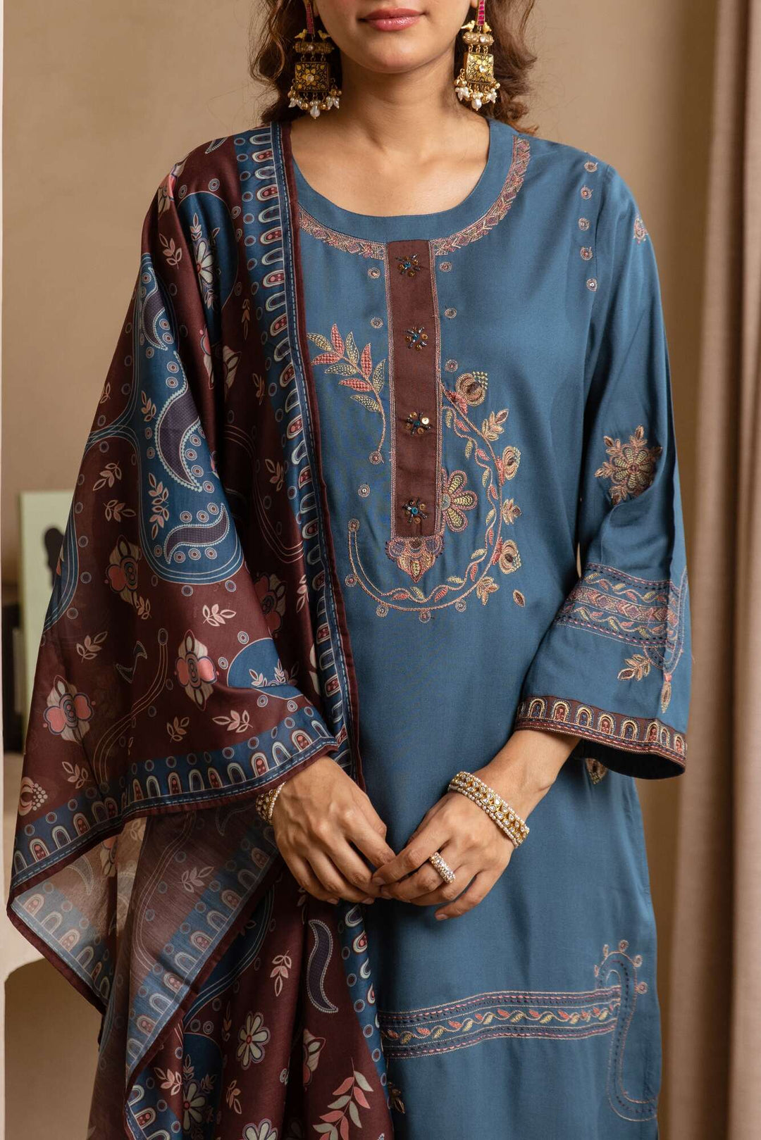 Nehamta Women's Grey German Rayon Kurta, Palazzo & Dupatta Set