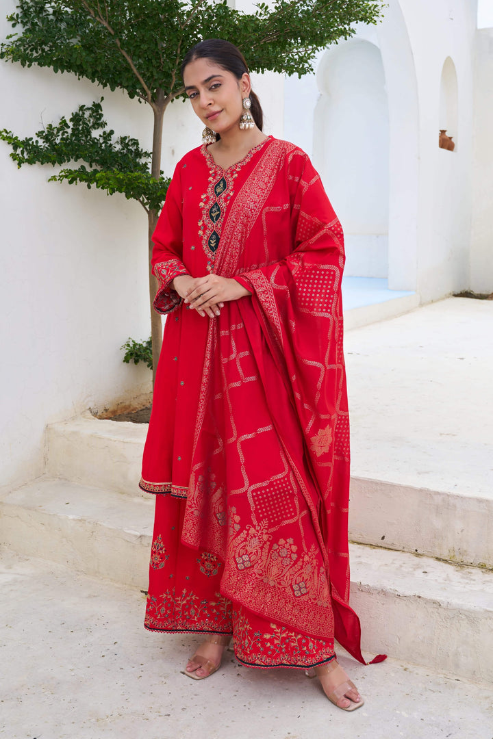 Nehamta Women's Red Modal Muslin A-line Kurta, Palazzo & Dupatta Set