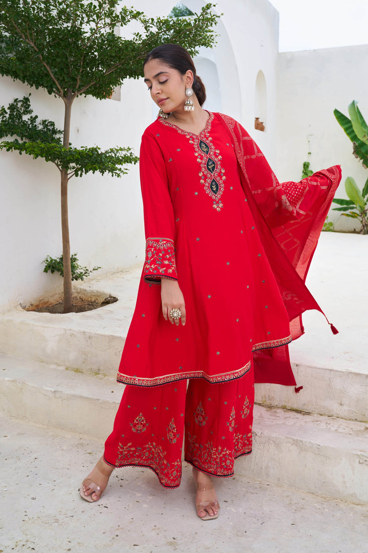Nehamta Women's Red Modal Muslin A-line Kurta, Palazzo & Dupatta Set