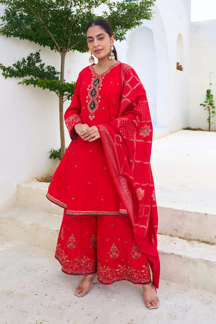 Nehamta Women's Red Modal Muslin A-line Kurta, Palazzo & Dupatta Set