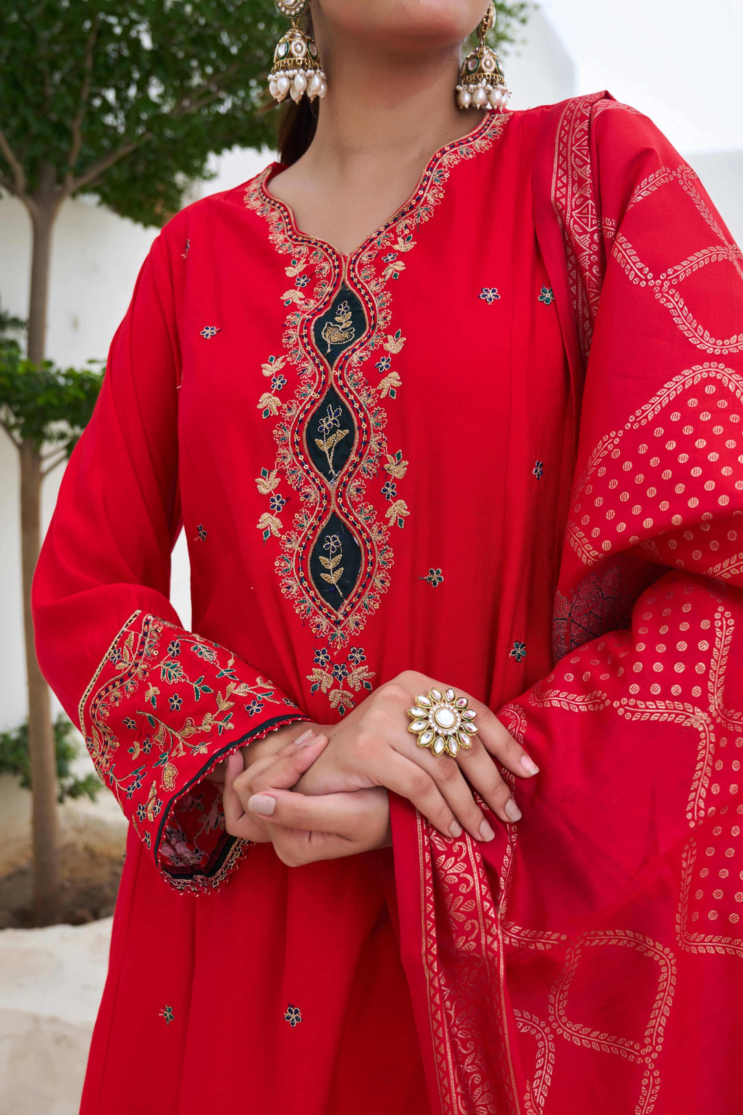 Nehamta Women's Red Modal Muslin A-line Kurta, Palazzo & Dupatta Set