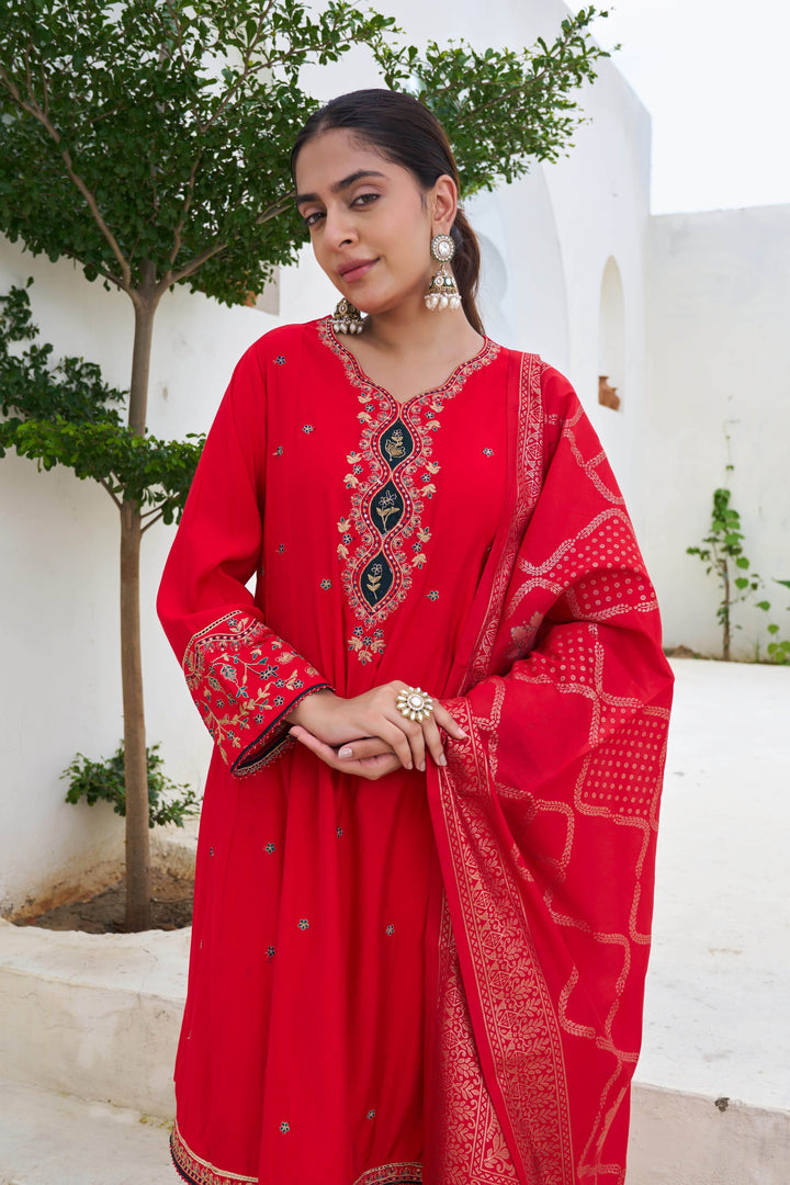 Nehamta Women's Red Modal Muslin A-line Kurta, Palazzo & Dupatta Set