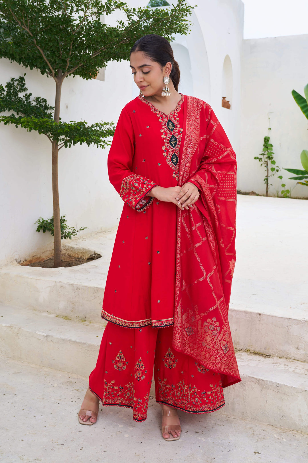 Nehamta Women's Red Modal Muslin A-line Kurta, Palazzo & Dupatta Set