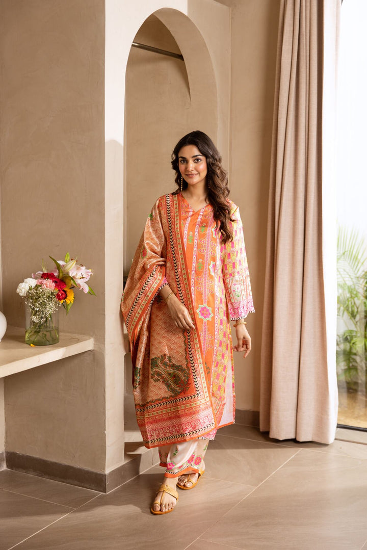 Nehamta Women's Orange Viscose Muslin Kurta, Pant & Dupatta Set