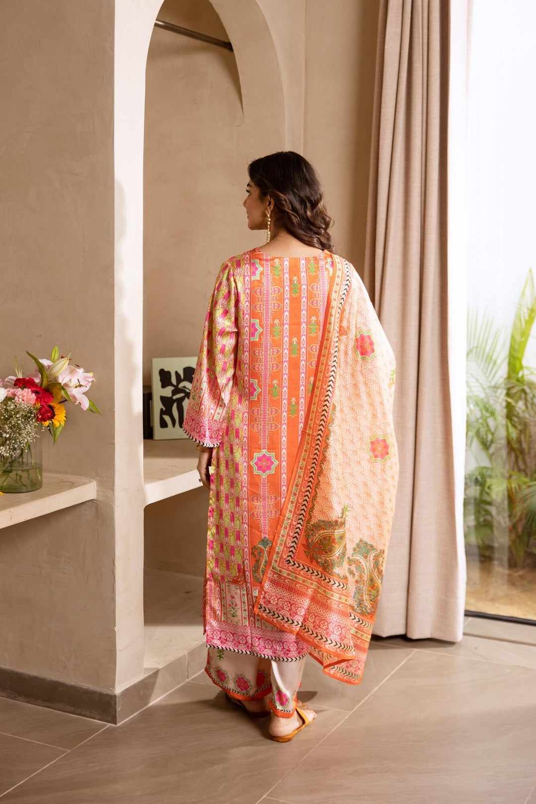 Nehamta Women's Orange Viscose Muslin Kurta, Pant & Dupatta Set