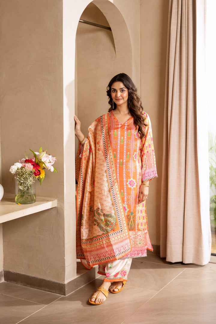 Nehamta Women's Orange Viscose Muslin Kurta, Pant & Dupatta Set
