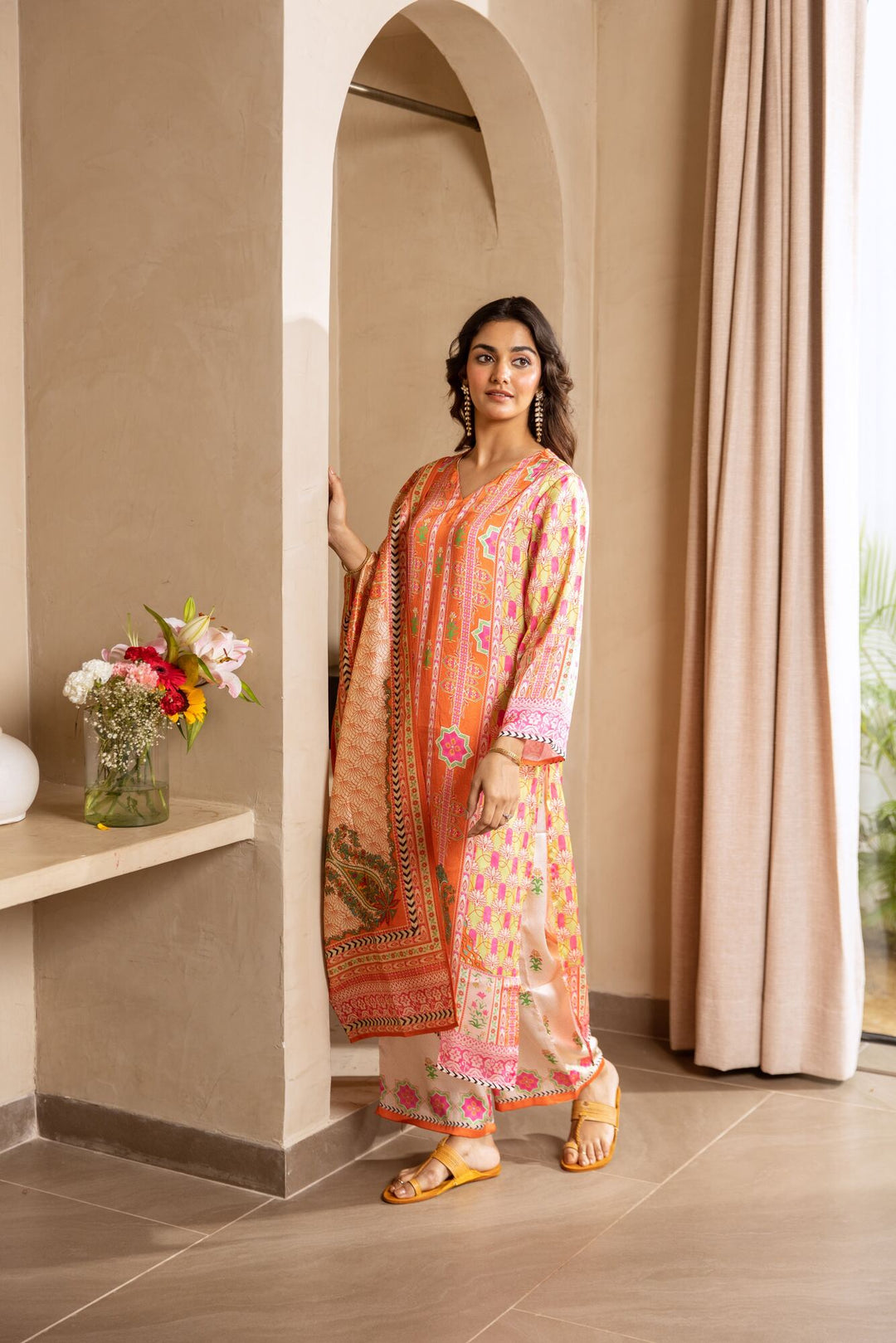 Nehamta Women's Orange Viscose Muslin Kurta, Pant & Dupatta Set