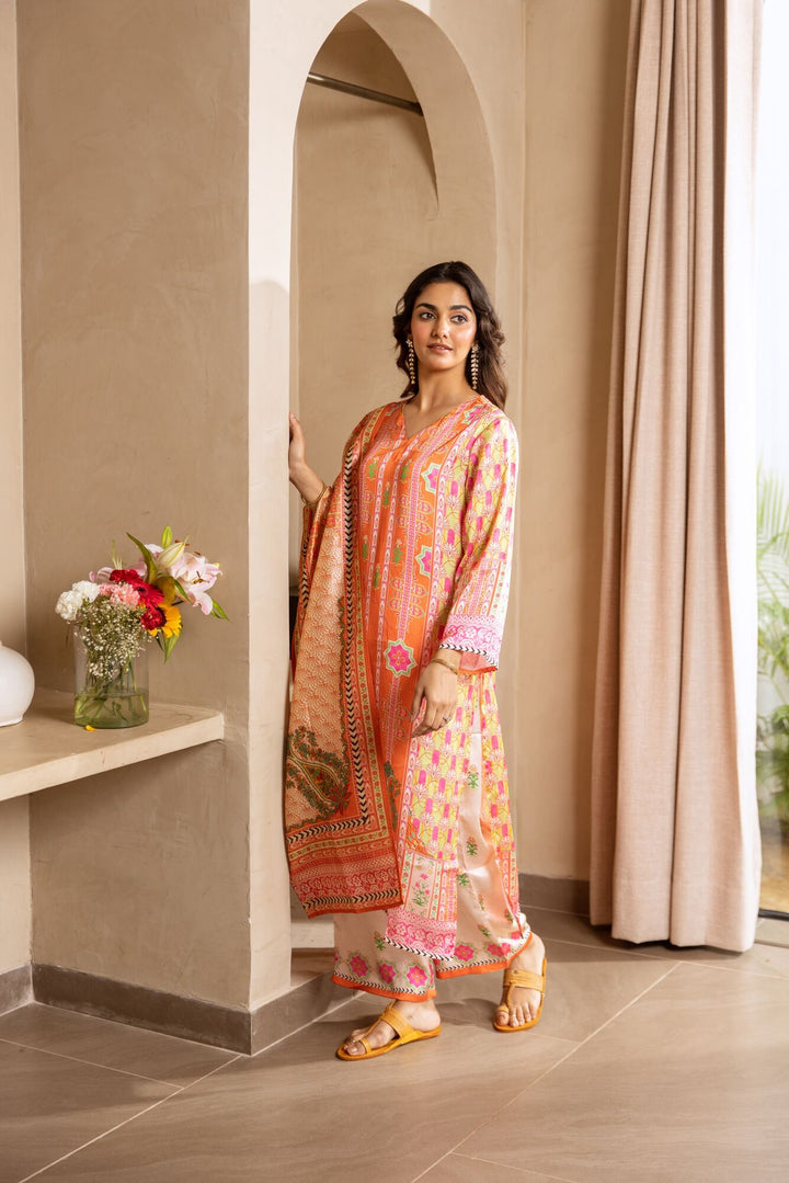 Nehamta Women's Orange Viscose Muslin Kurta, Pant & Dupatta Set