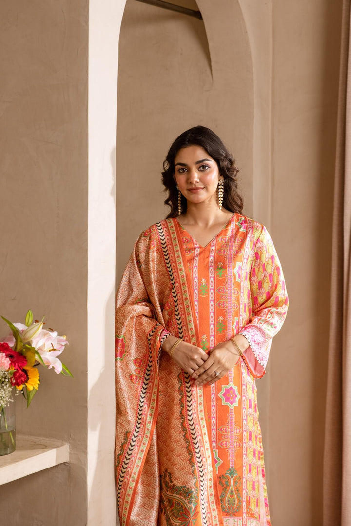 Nehamta Women's Orange Viscose Muslin Kurta, Pant & Dupatta Set