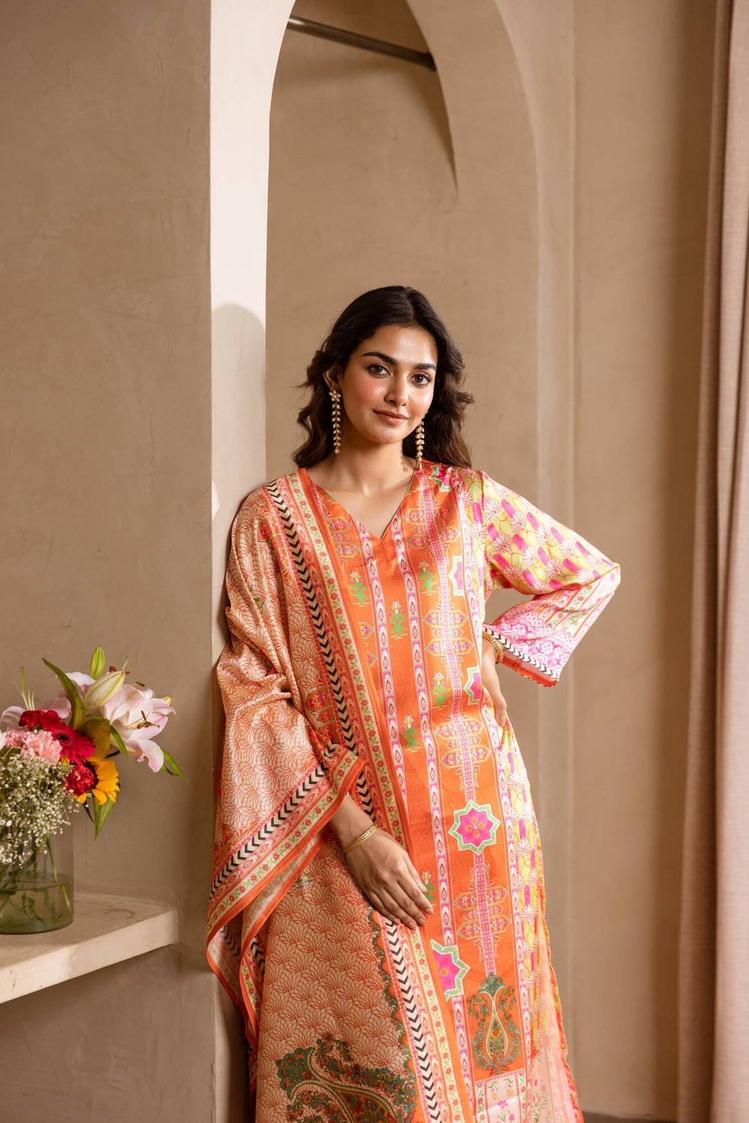 Nehamta Women's Orange Viscose Muslin Kurta, Pant & Dupatta Set