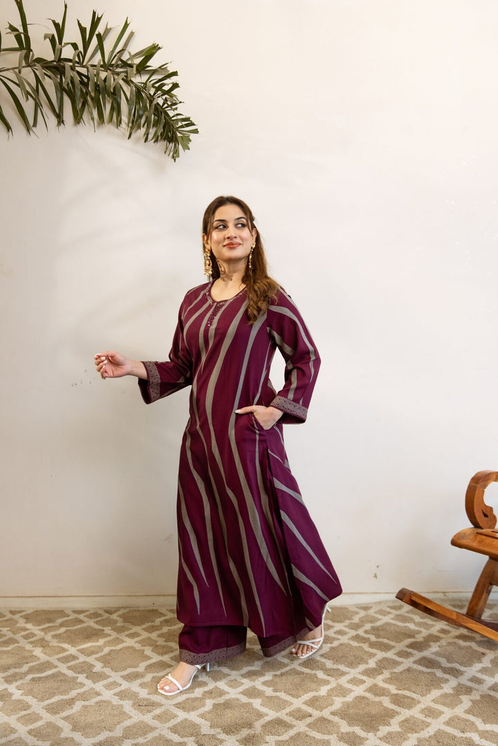 Nehamta Women's Wine-Grey German Rayon Kurta & Pant Set