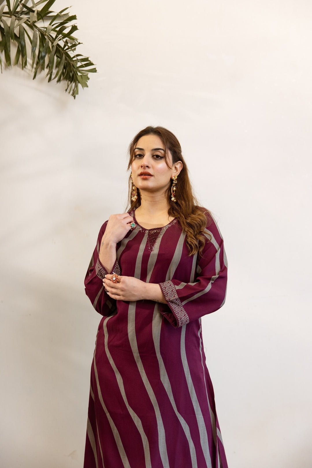 Nehamta Women's Wine-Grey German Rayon Kurta & Pant Set