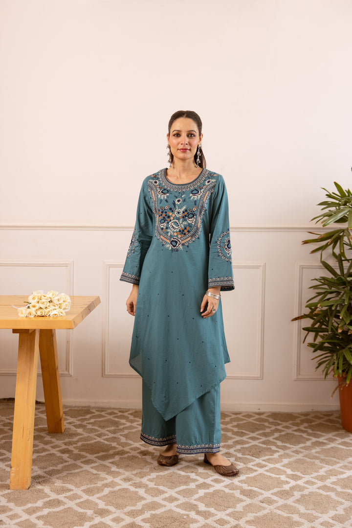 Nehamta Women's Aqua Green Cotton Asymetrical Kurta & Palazzo