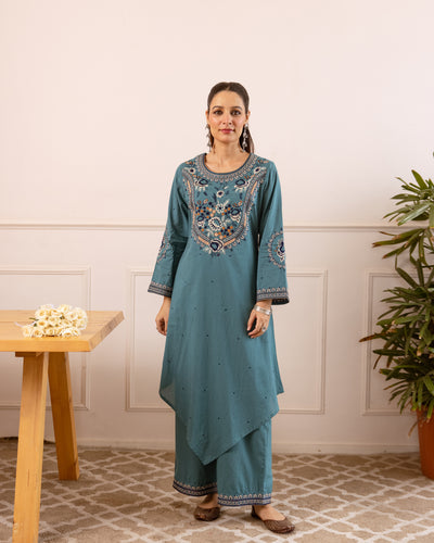 Nehamta Women's Aqua Green Cotton Asymetrical Kurta & Palazzo