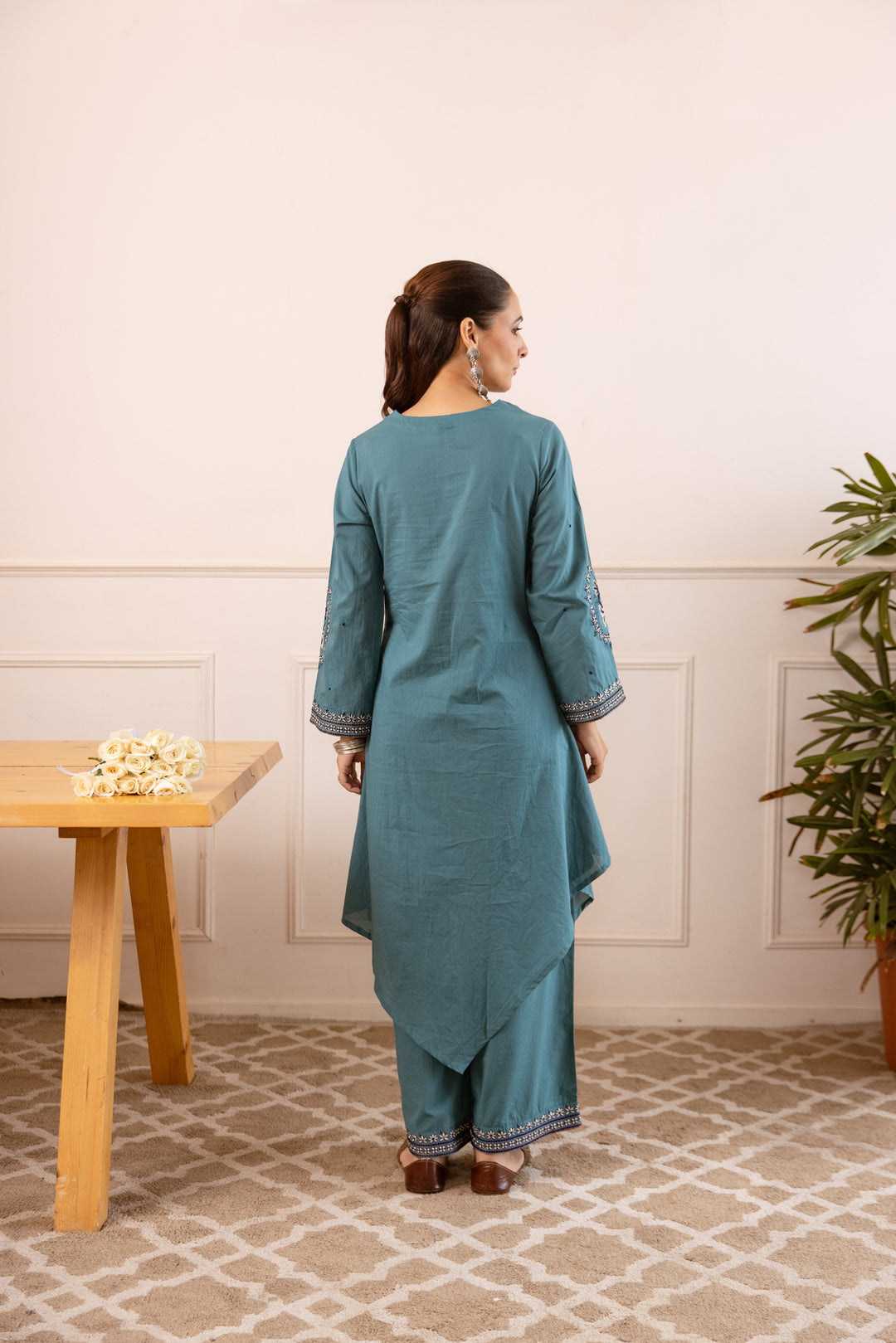 Nehamta Women's Aqua Green Cotton Asymetrical Kurta & Palazzo