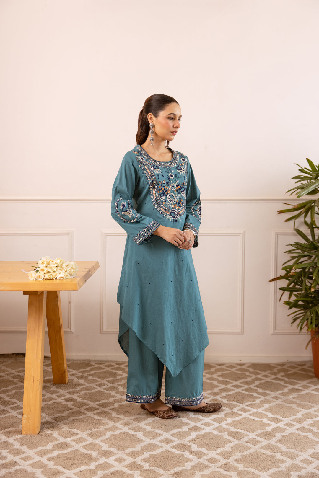 Nehamta Women's Aqua Green Cotton Asymetrical Kurta & Palazzo