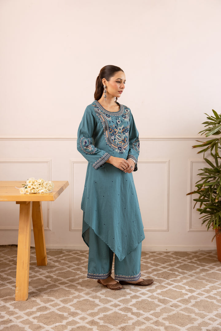 Nehamta Women's Aqua Green Cotton Asymetrical Kurta & Palazzo