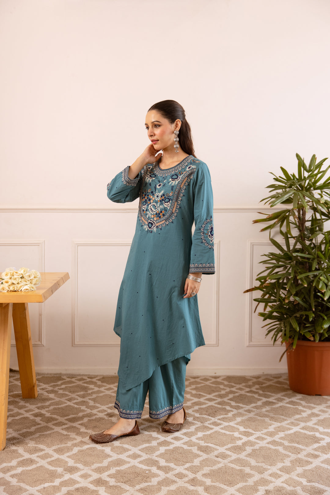 Nehamta Women's Aqua Green Cotton Asymetrical Kurta & Palazzo