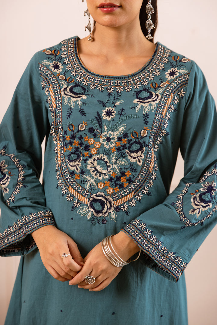 Nehamta Women's Aqua Green Cotton Asymetrical Kurta & Palazzo