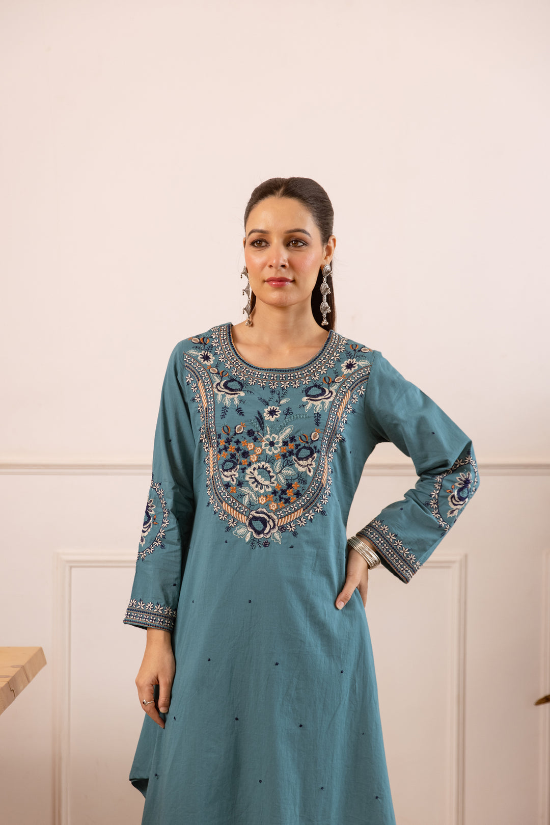 Nehamta Women's Aqua Green Cotton Asymetrical Kurta & Palazzo