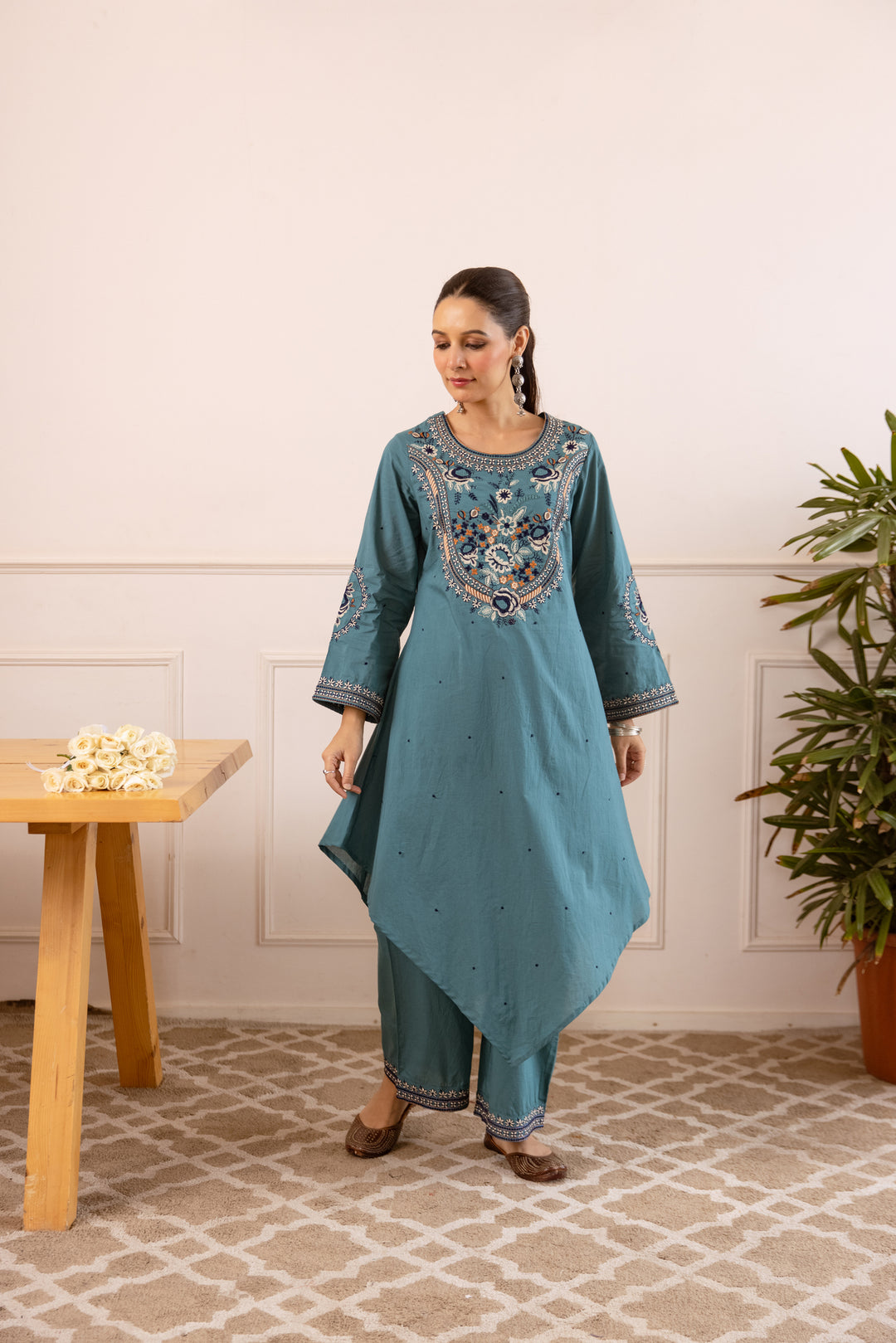 Nehamta Women's Aqua Green Cotton Asymetrical Kurta & Palazzo