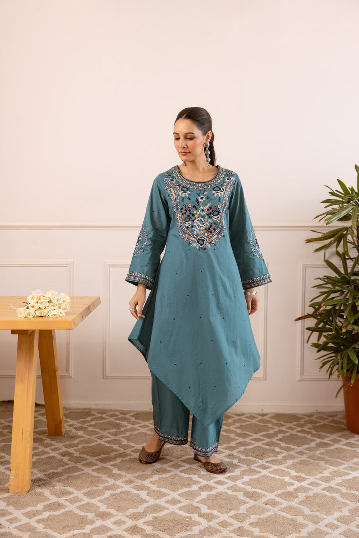 Nehamta Women's Aqua Green Cotton Asymetrical Kurta & Palazzo