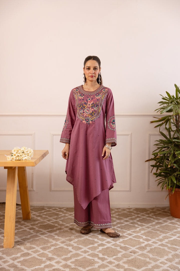 Nehamta Women's Mauve Cotton Asymetrical Kurta & Palazzo
