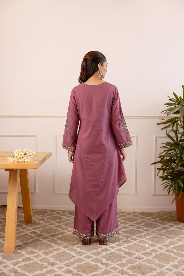 Nehamta Women's Mauve Cotton Asymetrical Kurta & Palazzo