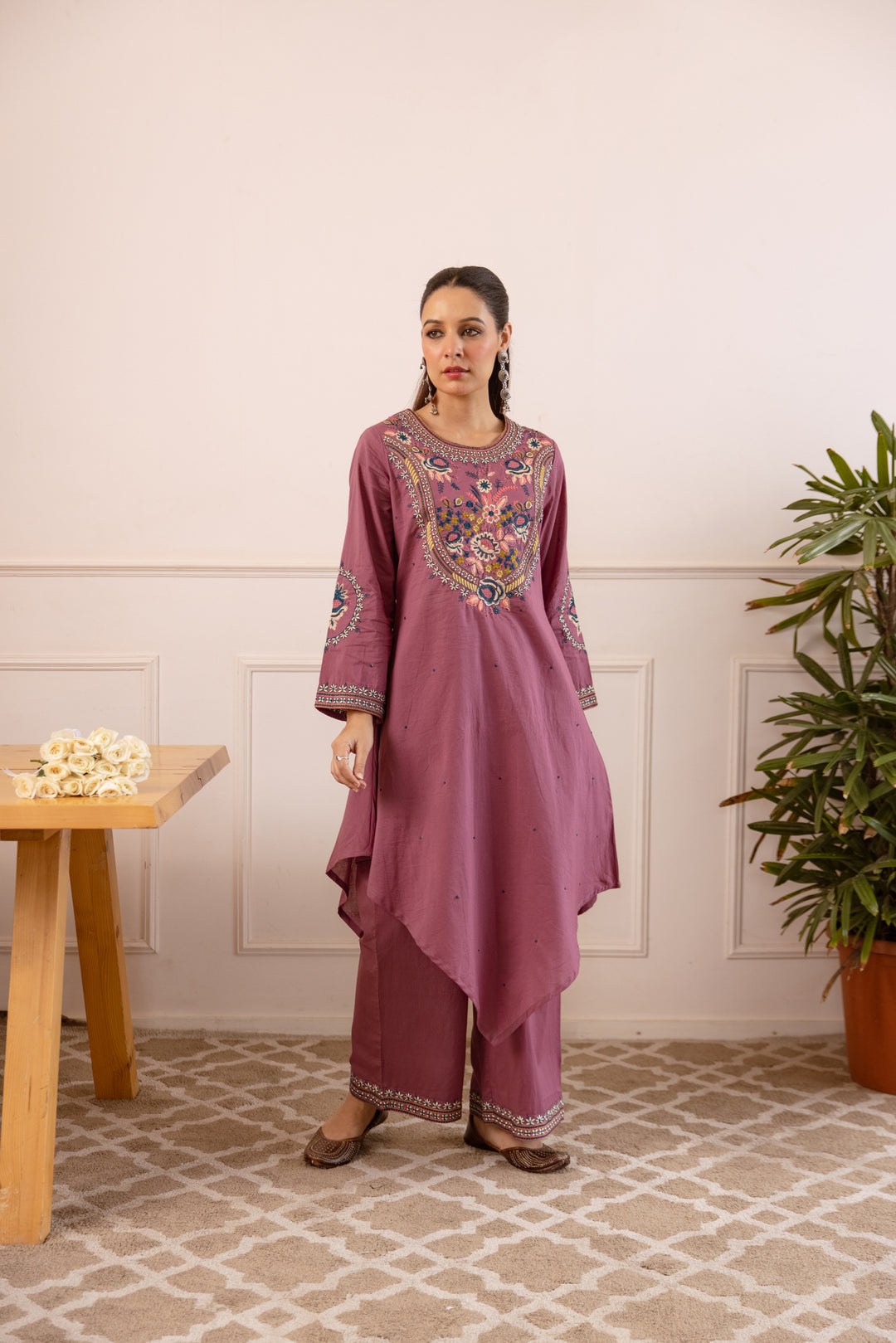 Nehamta Women's Mauve Cotton Asymetrical Kurta & Palazzo