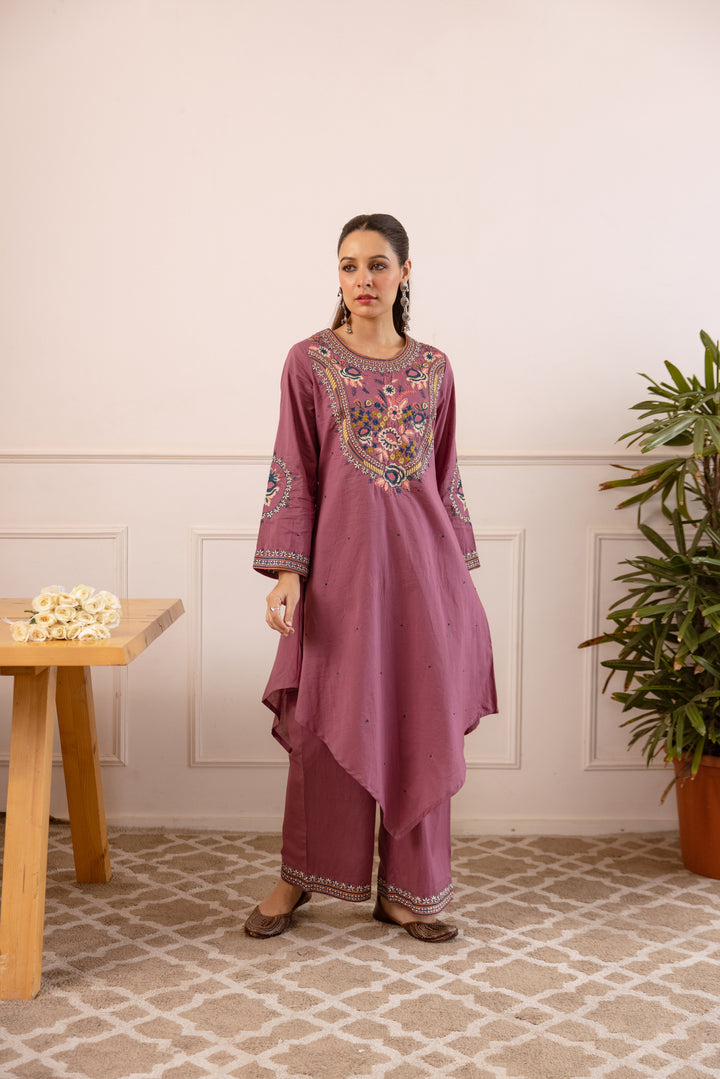 Nehamta Women's Mauve Cotton Asymetrical Kurta & Palazzo