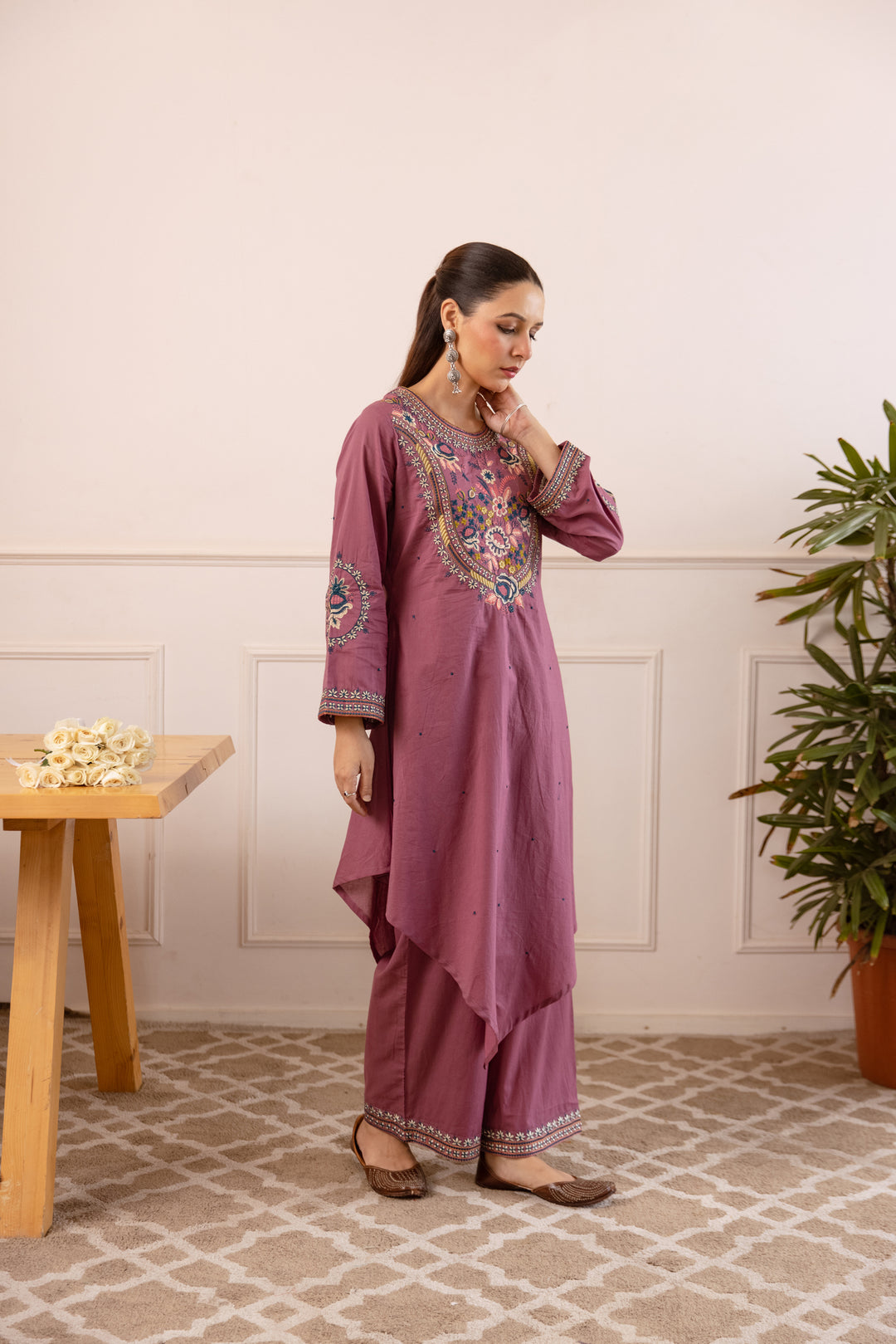 Nehamta Women's Mauve Cotton Asymetrical Kurta & Palazzo