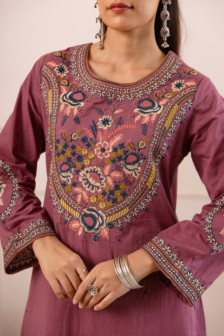 Nehamta Women's Mauve Cotton Asymetrical Kurta & Palazzo
