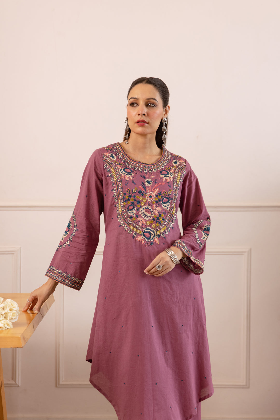 Nehamta Women's Mauve Cotton Asymetrical Kurta & Palazzo